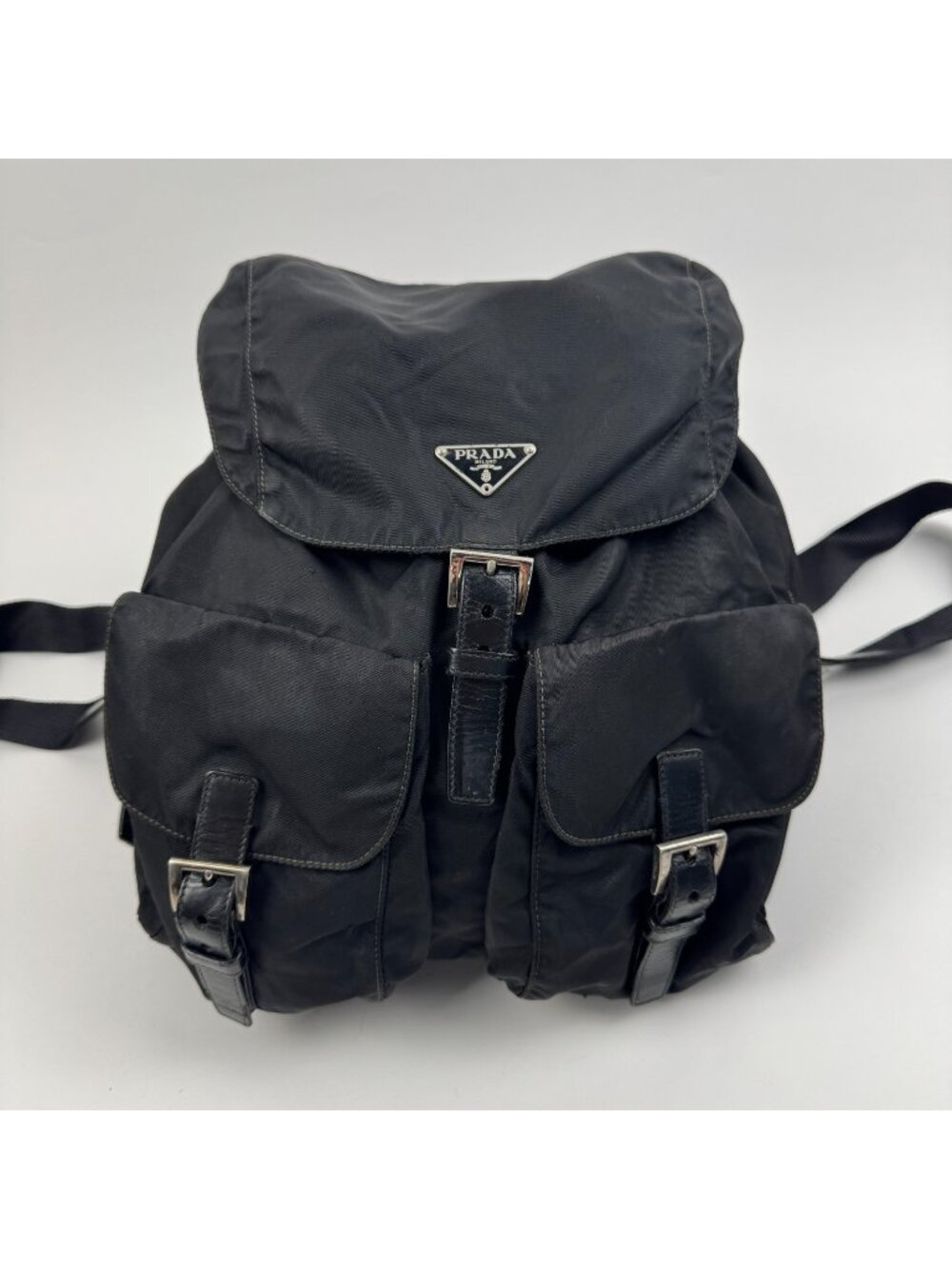 PRADA Backpack Nylon Leather Black Silver Auth Drawstring Bag Made in Italy